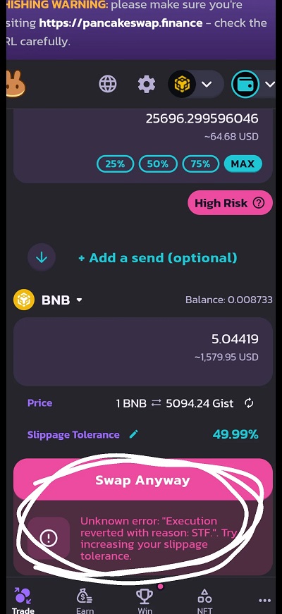 unknown error: "execution reverted with reason: stf.". try increasing your slippage tolerance.