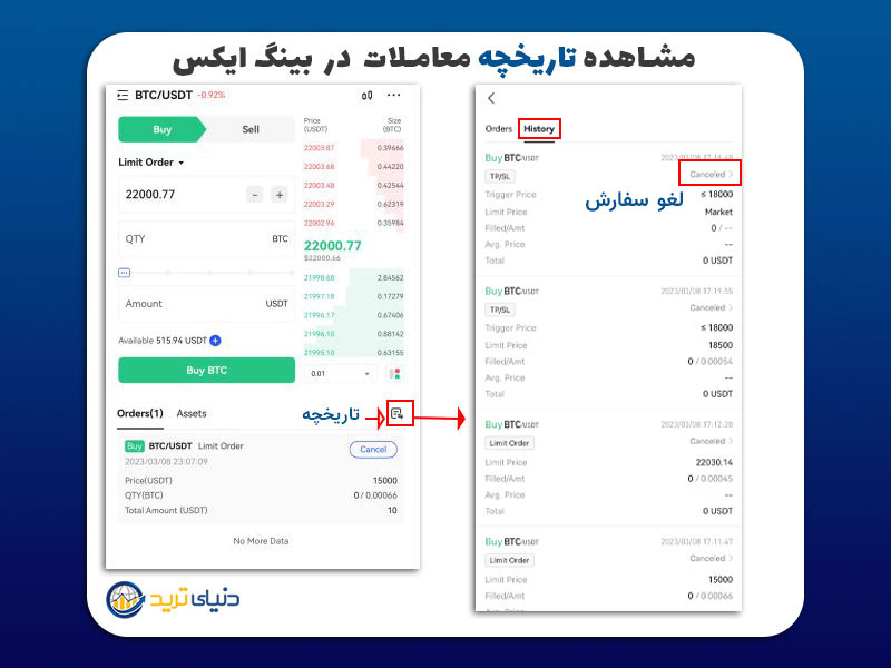 مشاهده تاریخچه معاملات و نحوه لغو معاملات در bingx