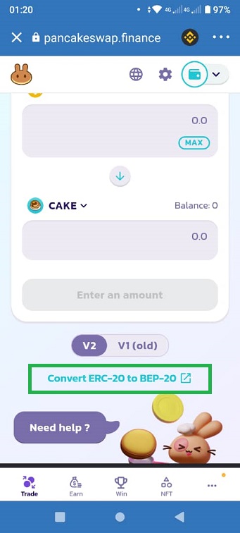 مرحله اول تبدیل ارز استاندارد ERC-20 به استاندارد BEP-20 در پنکیک سواپ