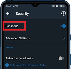 مرحله دوم فعالسازی رمز در تراست والت- روشن کردن تاگل passcode