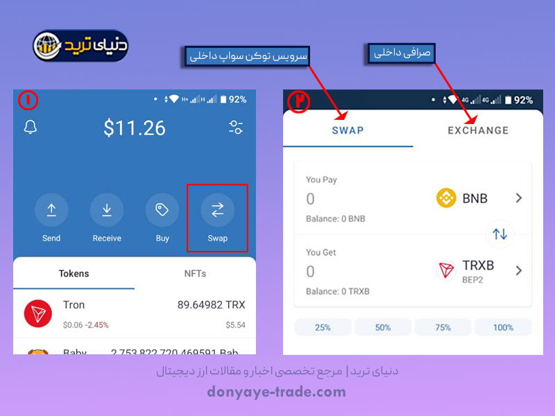 دسترسی به سرویس توکن سواپ داخلی کیف پول تراست ولت